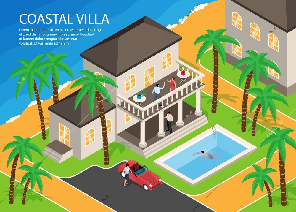 South sea shore isometric background with luxury coastal villa pool and palm trees horizontal vector illustration