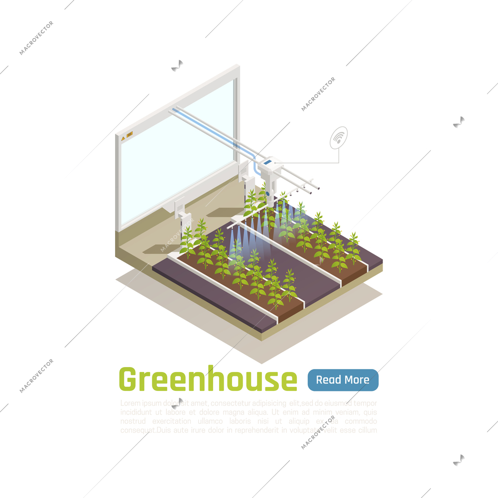 Modern greenhouse automated watering system isometric composition with remote wifi controlled smart planten beds irrigation vector illustration