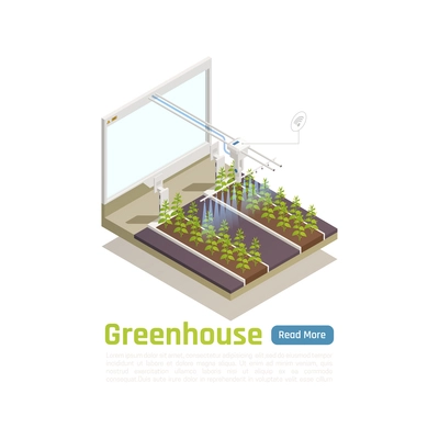 Modern greenhouse automated watering system isometric composition with remote wifi controlled smart planten beds irrigation vector illustration