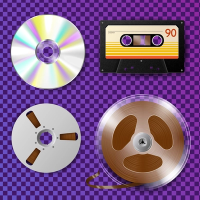 Realistic set of cassette recorder compact disc and reel tape for music player on transparent background isolated vector illustration