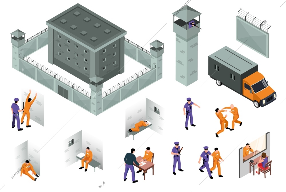 Jail isometric icons set of prison building surrounded by fence with barbed wire and towers and special truck for transport of prisoners and arrested vector illustration