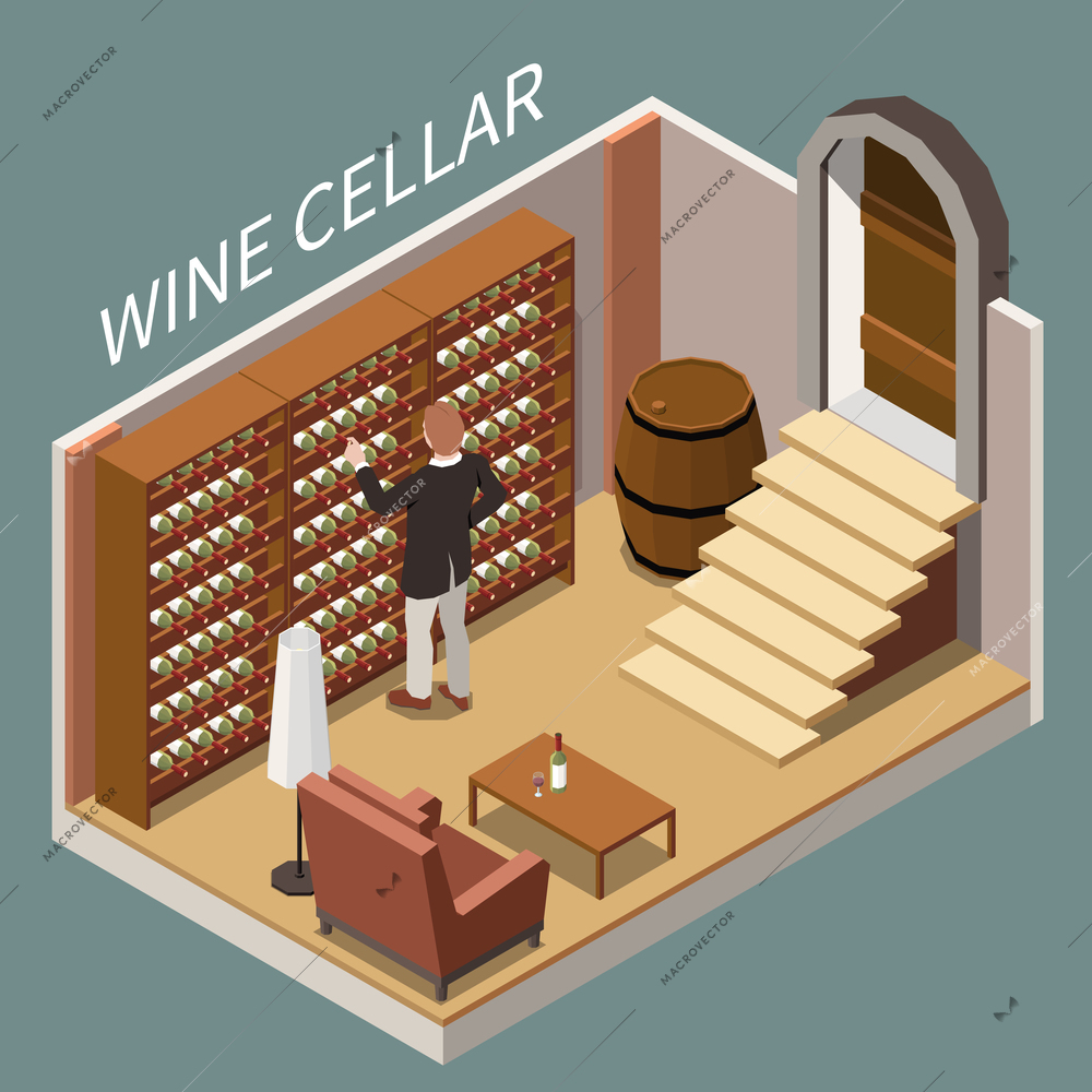 Man choosing bottle of wine in cellar isometric composition 3d vector illustration