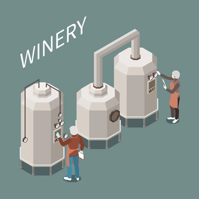 Wine production process at factory isometric composition 3d vector illustration