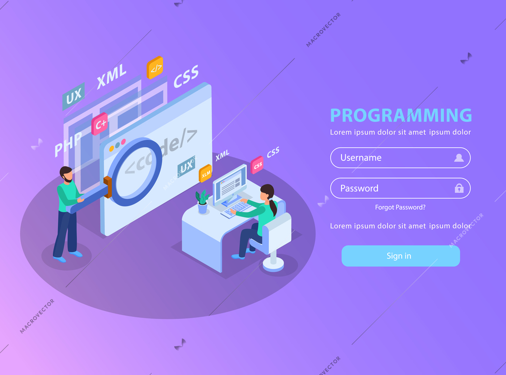 Web development isometric concept background sign in page with images and fields for login and password vector illustration