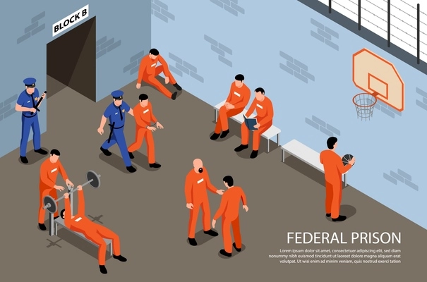 Federal prison isometric background with inmates engaged in physical exercises in sports hall under supervision guards vector illustration