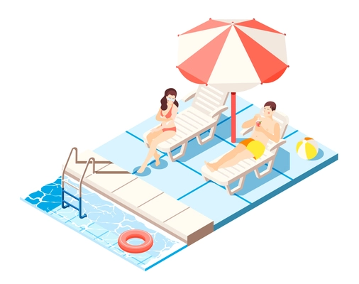 Waterpark isometric composition with swimming pool and chaise lounges symbols vector illustration