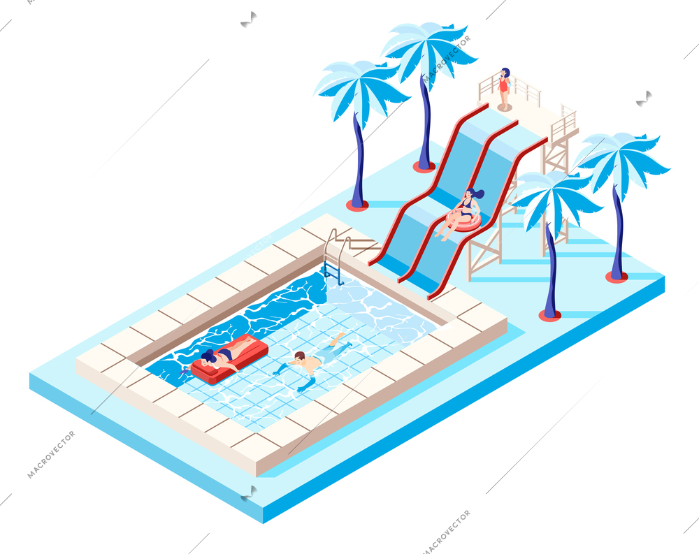 Waterpark isometric concept with water slides and swimming pool vector illustration