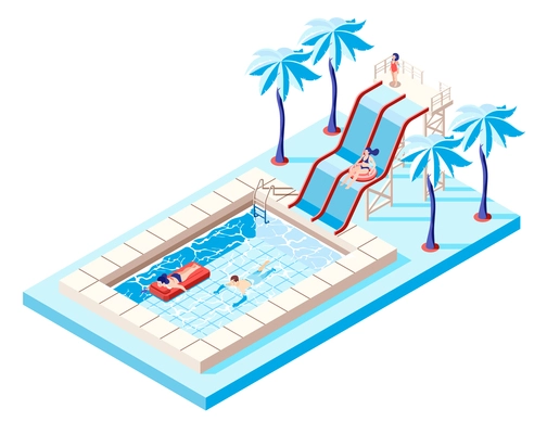 Waterpark isometric concept with water slides and swimming pool vector illustration