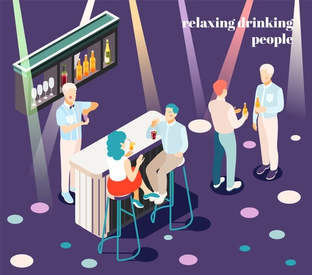 Relaxing and drinking people in bar isometric background with catering symbols vector illustration