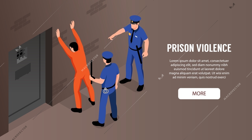 Prison violence horizontal banner with two policemen and detained standing near door of camera with his hands up vector illustration