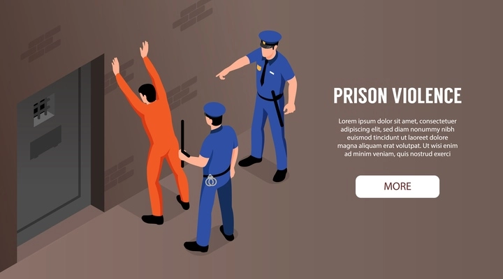 Prison violence horizontal banner with two policemen and detained standing near door of camera with his hands up vector illustration