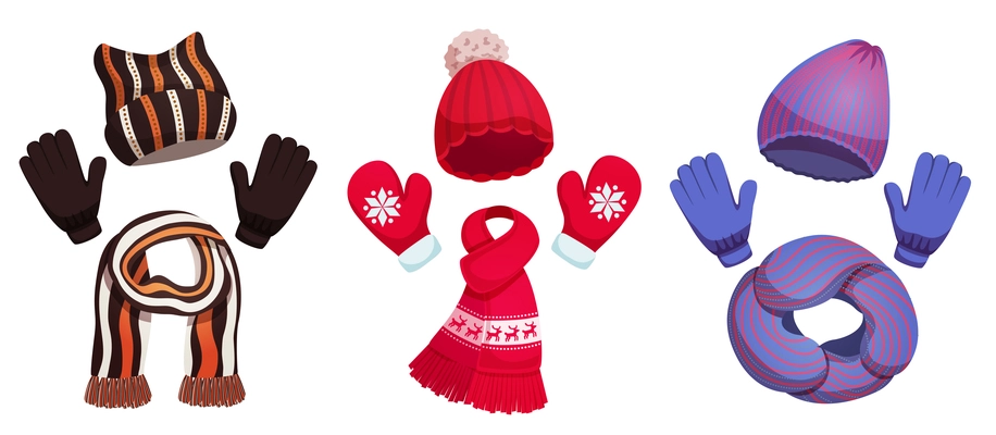 Seasonal winter scarf hats collection with three sets of colourful cold weather clothing on blank background vector illustration