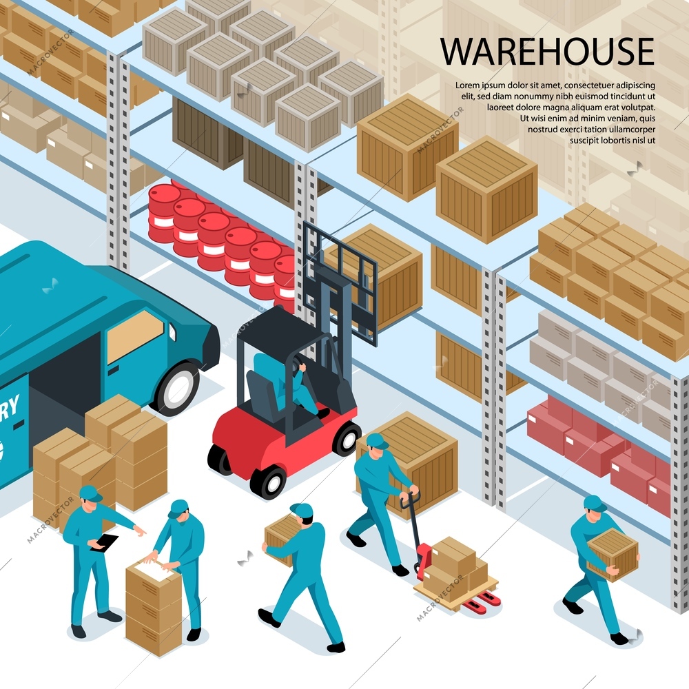 Warehouse isometric vector illustration with delivery truck and workers loading boxes by forklifts and manually