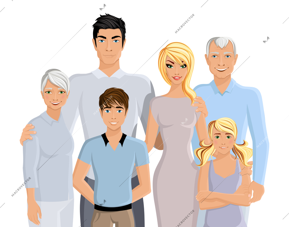 Happy family parents grandparents and kids portrait on white background vector illustration.