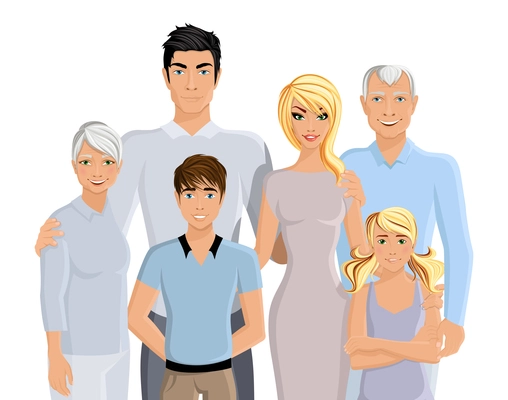 Happy family parents grandparents and kids portrait on white background vector illustration.