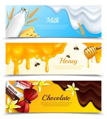 Three horizontal slime splatters blots drips realistic banner set with milk honey and chocolate headline vector illustration