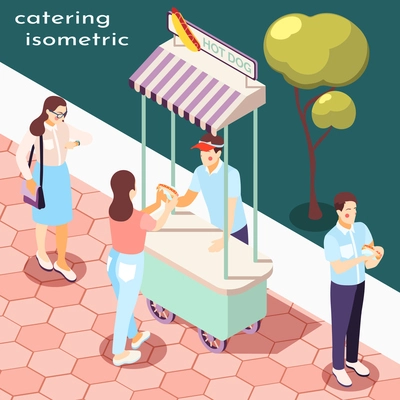 Street food in park isometric composition with catering symbols  vector illustration