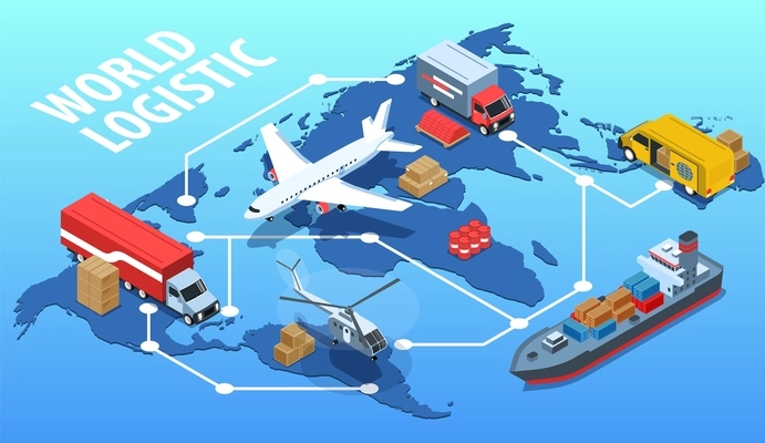 World logistic horizontal poster with different transportation mode isometric icons on world map blue background vector illustration