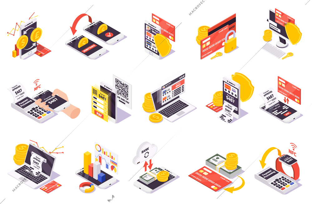 Online payment isometric icons collection with isolated images of smartphones coins credit cards and financial pictograms vector illustration