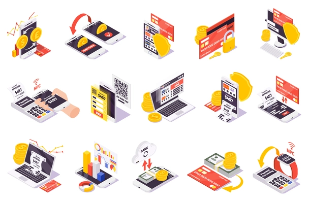 Online payment isometric icons collection with isolated images of smartphones coins credit cards and financial pictograms vector illustration