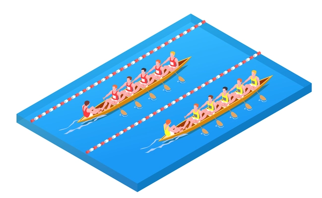 Water sports isometric composition with two teams participate in competitions on canoe vector Illustration