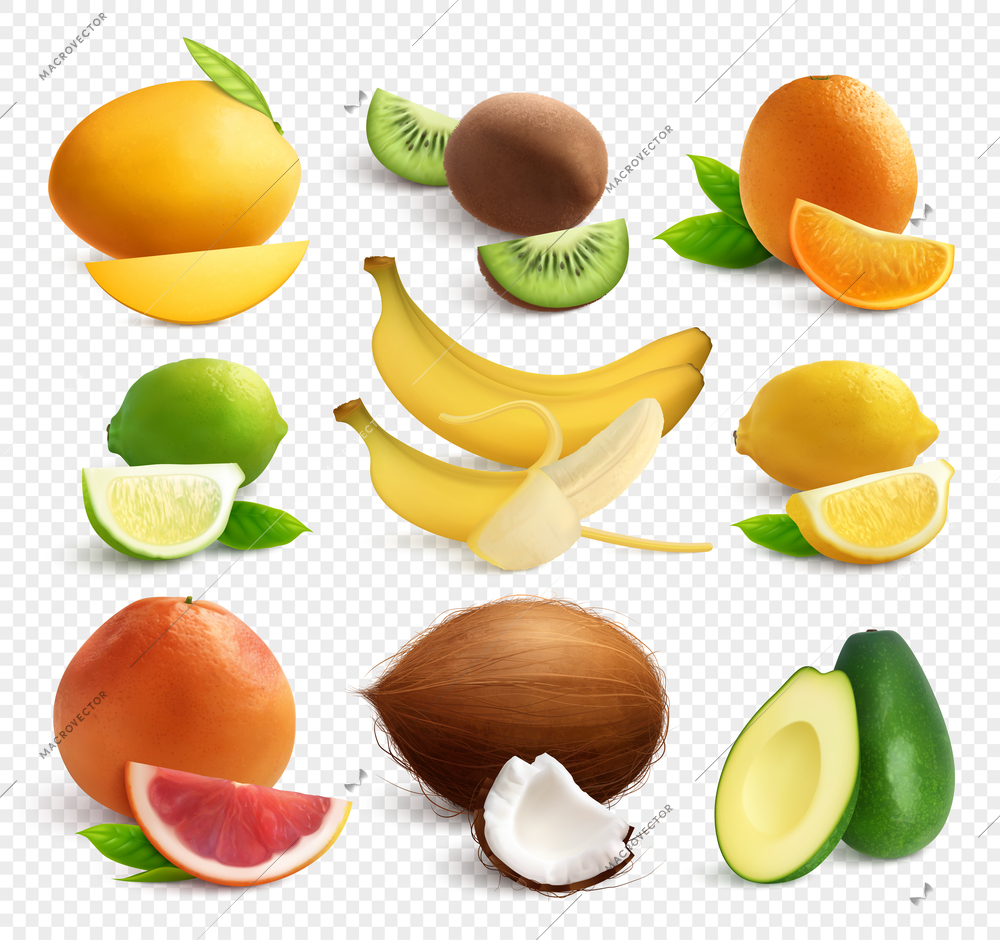 Exotic fruits big set with realistic images of tropical fruits with leaves slices on transparent background vector illustration