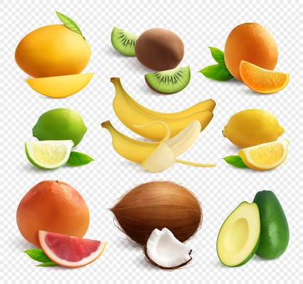 Exotic fruits big set with realistic images of tropical fruits with leaves slices on transparent background vector illustration