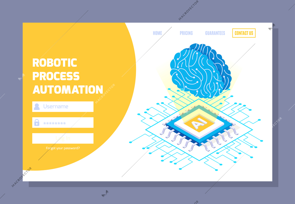 Robotic process automation isometric web site login page with clickable links images of processor and brain vector illustration