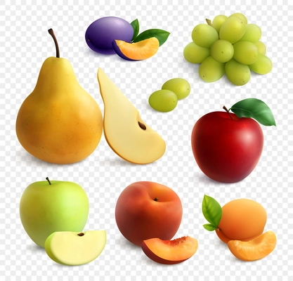 Fruits realistic set on transparent background with images of whole fruit with slices colourful isolated images vector illustration