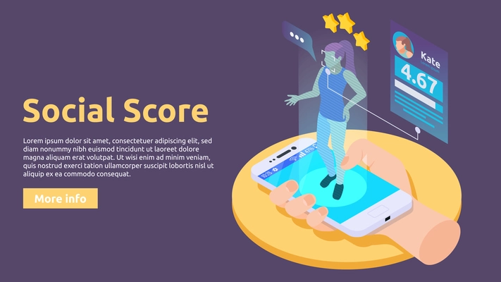 Social credit system isometric banner with composition of female character smartphone screen and personal rating information vector illustration