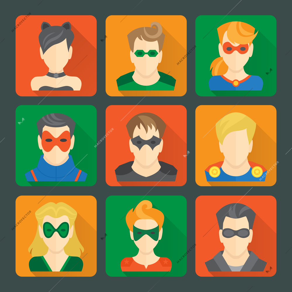 Set of comic character superheroes avatar icons in flat style with long shadows on squares vector illustration