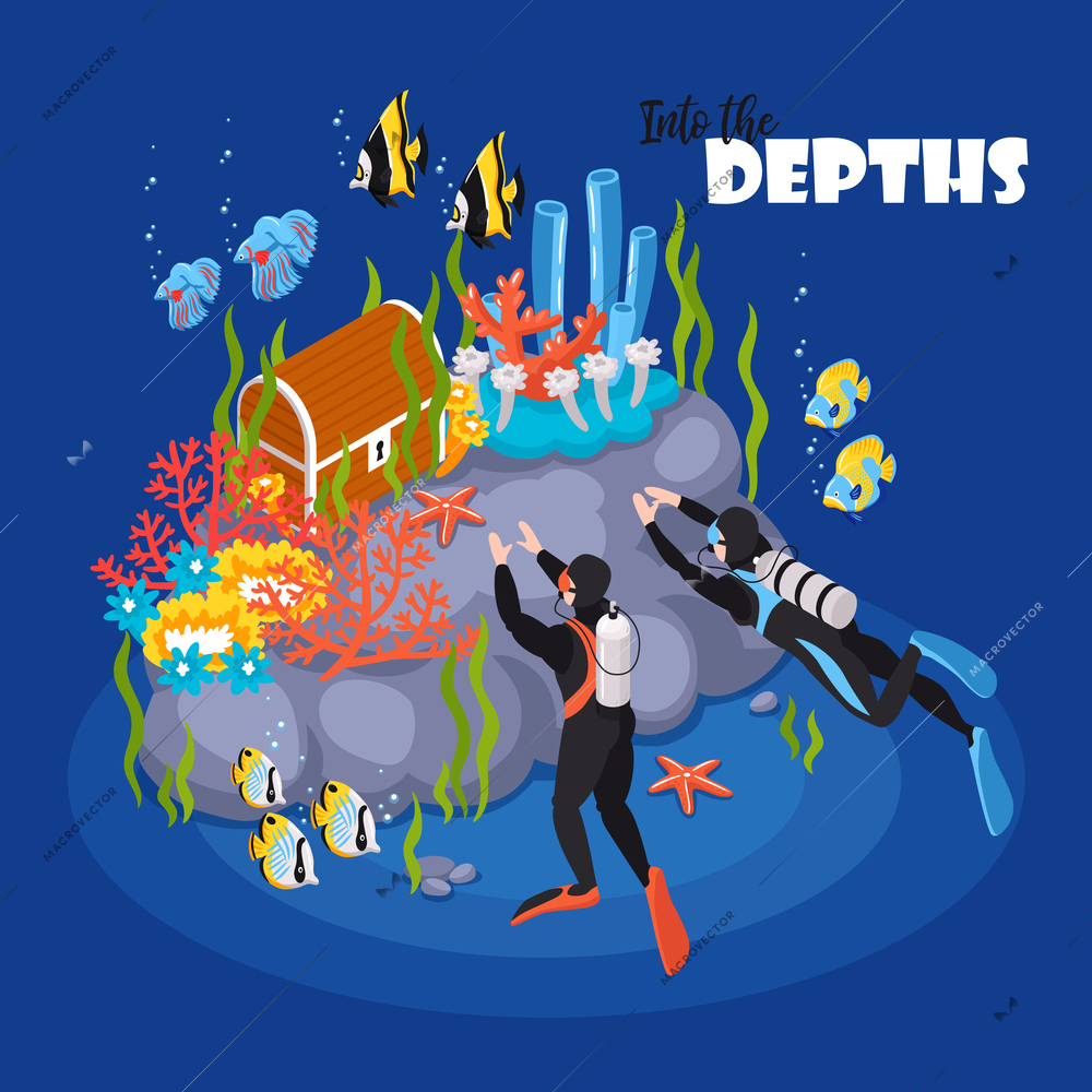 Deep scuba diving adventure isometric composition of ocean bottom with fish coral reef treasure chest vector illustration