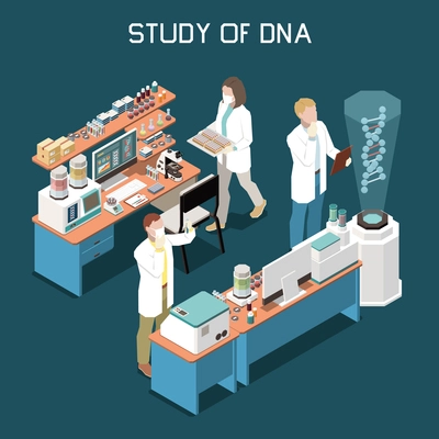 Scientists studying dna in genetics laboratory 3d isometric vector illustration