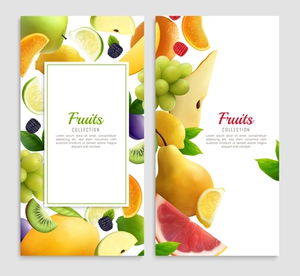 Fruits realistic design set of two vertical backgrounds with frames editable text and fruit slice images vector illustration