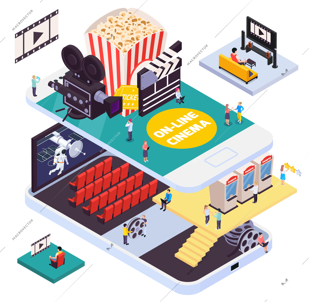 Isometric cinema composition with smartphone shaped platforms and movie theater insides with furniture screens and people vector illustration