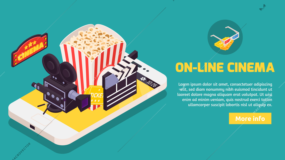 Isometric cinema horizontal banner with conceptual images of smartphone camera and popcorn with text and button vector illustration