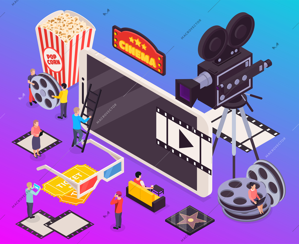 Isometric cinema composition with small characters of people and images of essential movie making watching items vector illustration