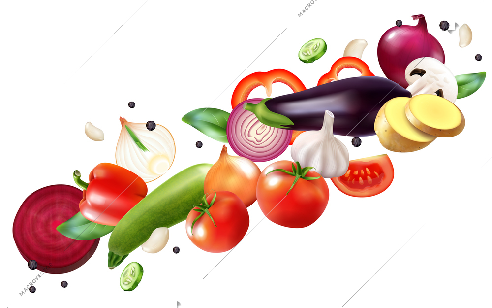 Realistic flying vegetables composition on blank background with pieces of ripe and sliced fruits in motion vector illustration