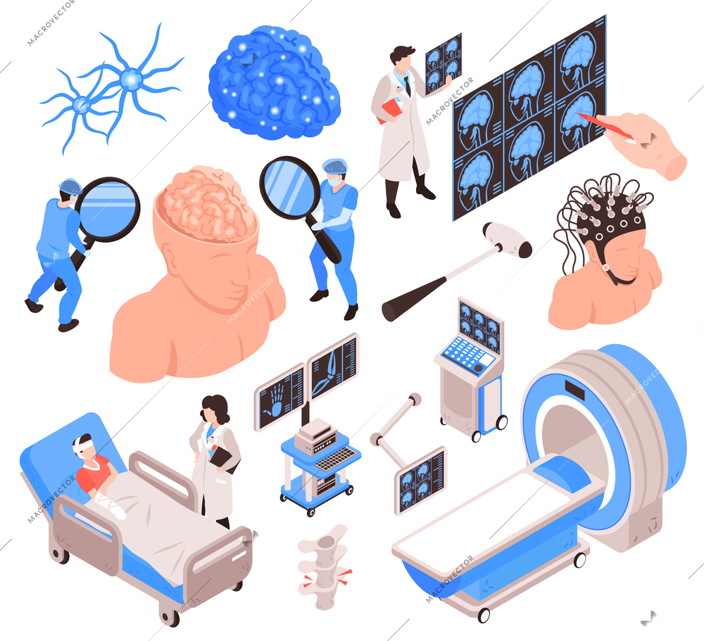 Neurology isometric elements set with   medical staff patients tests treatment diagnoses equipment brain mri scanner vector illustration