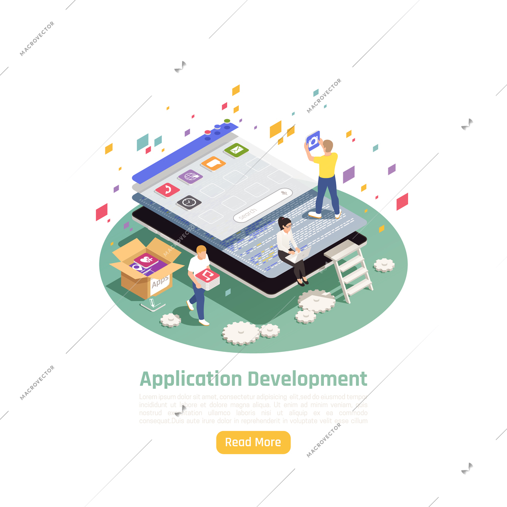 Application development concept background with round composition of small people and flat app icons with text vector illustration