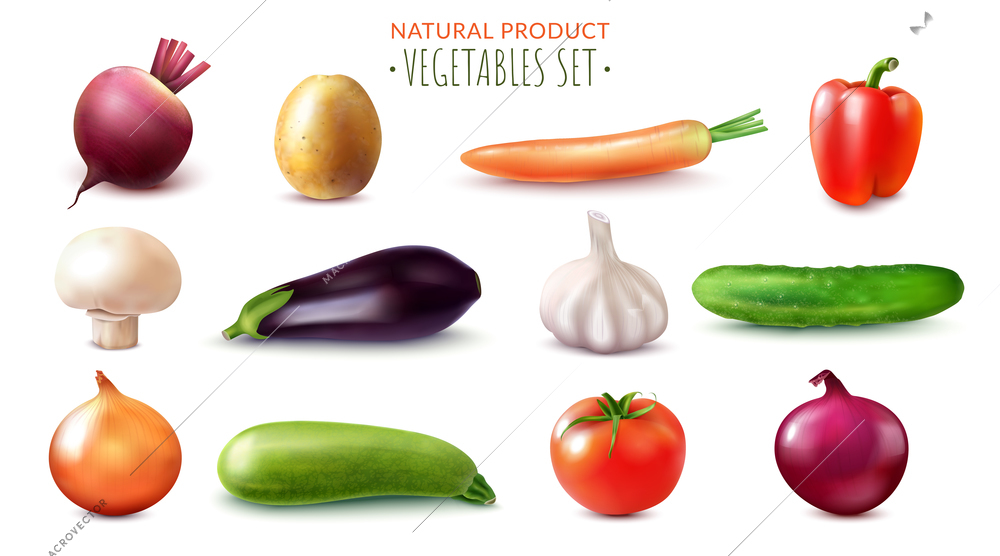 Realistic vegetables collection with isolated images of different fruits with shadows on blank background with text vector illustration