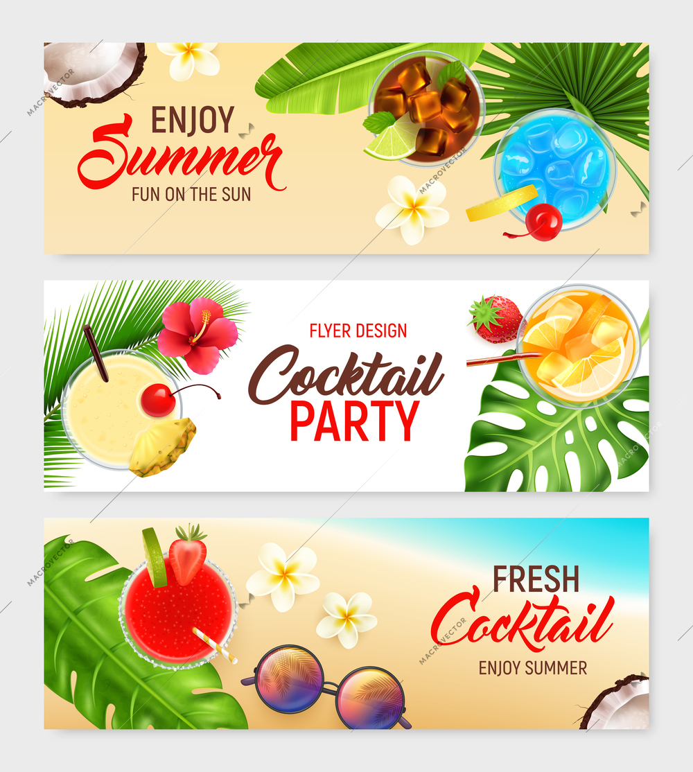 Cocktails top view horizontal banners set with cocktail party symbols realistic isolated vector illustration