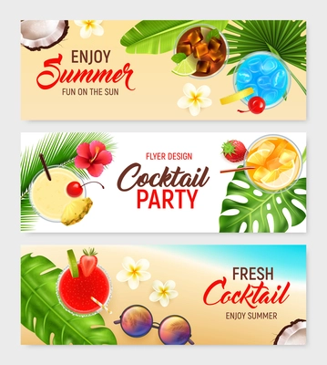 Cocktails top view horizontal banners set with cocktail party symbols realistic isolated vector illustration