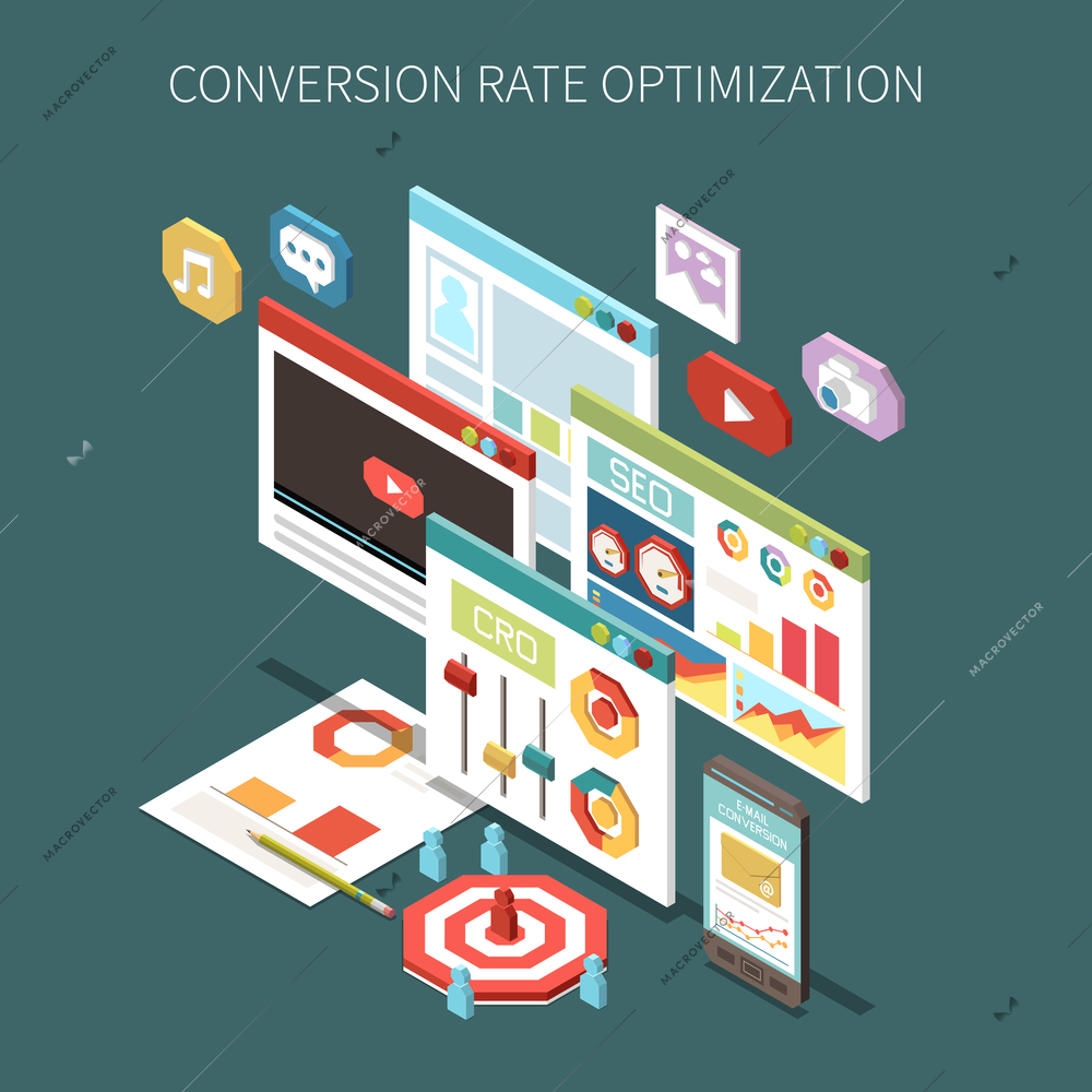 Conversion rate optimization isometric concept with colorful video promotion and seo icons vector illustration