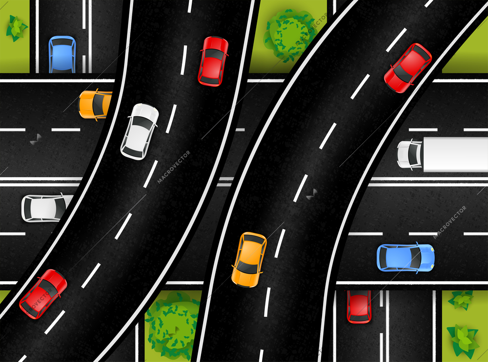 Road junction top view composition with outdoor scenery and motorway drive with flyovers and colourful cars vector illustration