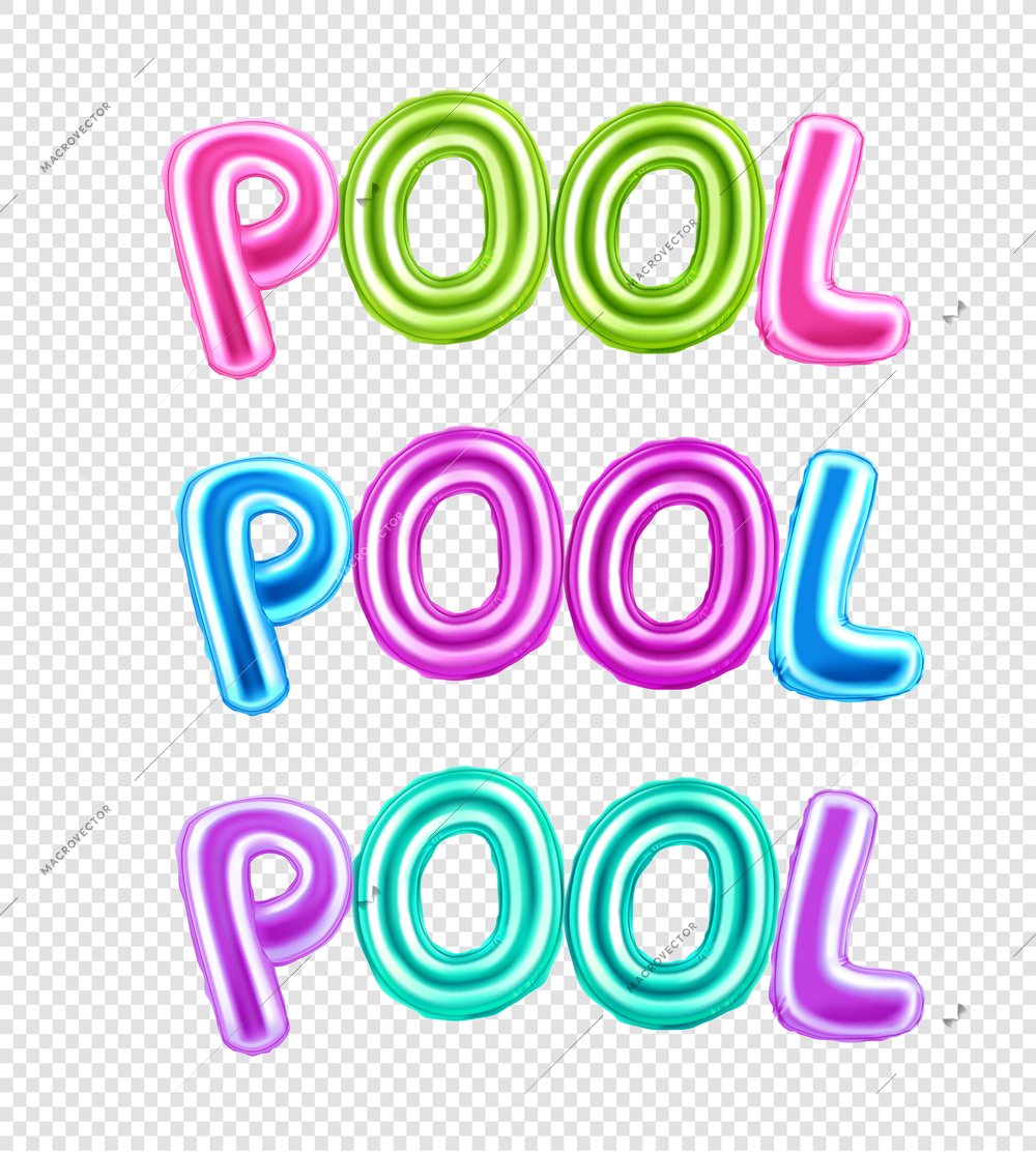 Colorful set of pool inscription with balloon letters on transparent background realistic vector illustration