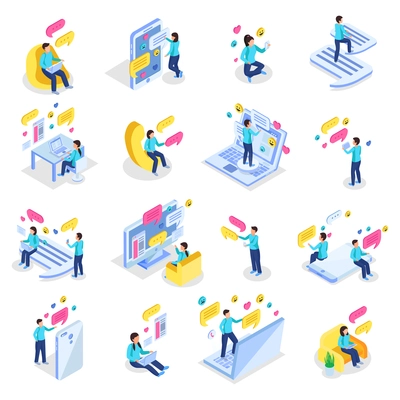 People chatting at work customer support service social media dating tablet smartphone notebook isometric icons collection vector illustration