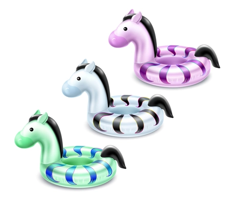 Inflatable swimming accessories colored set of isolated life rings in pony shape realistic vector illustration