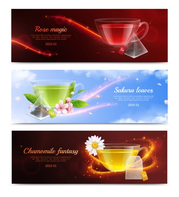 Tea brewing bag realistic banner set with rose magic sakura leaves and chamomile fantasy headlines vector illustration