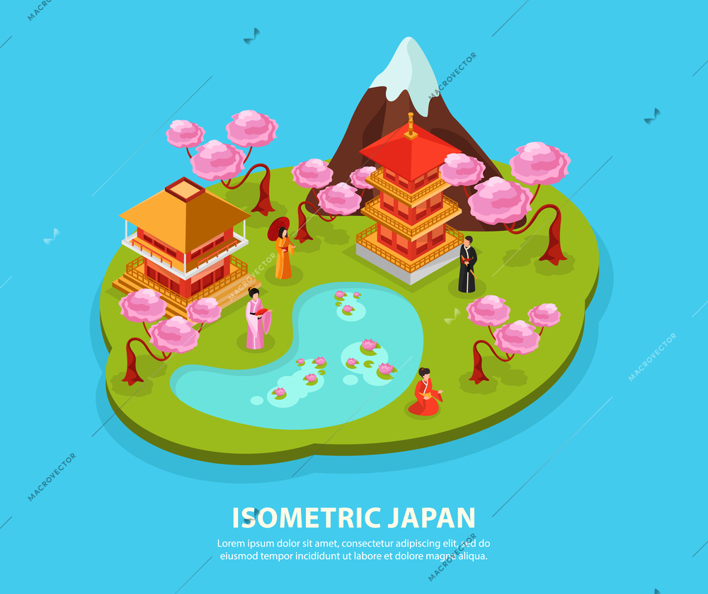 Japan culture landmarks tourist attractions isometric composition with cherry blossom fuji mountain temple carps kimono vector illustration